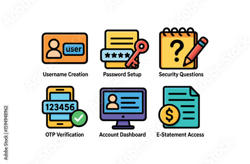 User account registration process icons for online security and access