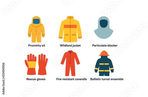 Firefighting gear: proximity suit, wildland jacket, particulate blocker, rescue gloves, fire-resistant coveralls, ballistic turnout ensemble