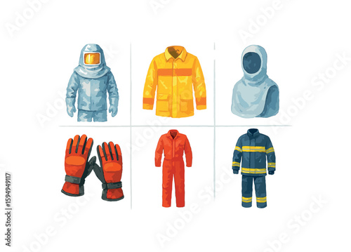Watercolor protective workwear collection: suits, jackets, gloves, hood
