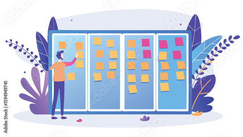 Man interacting with a kanban board filled with sticky notes in a stylized illustration design style