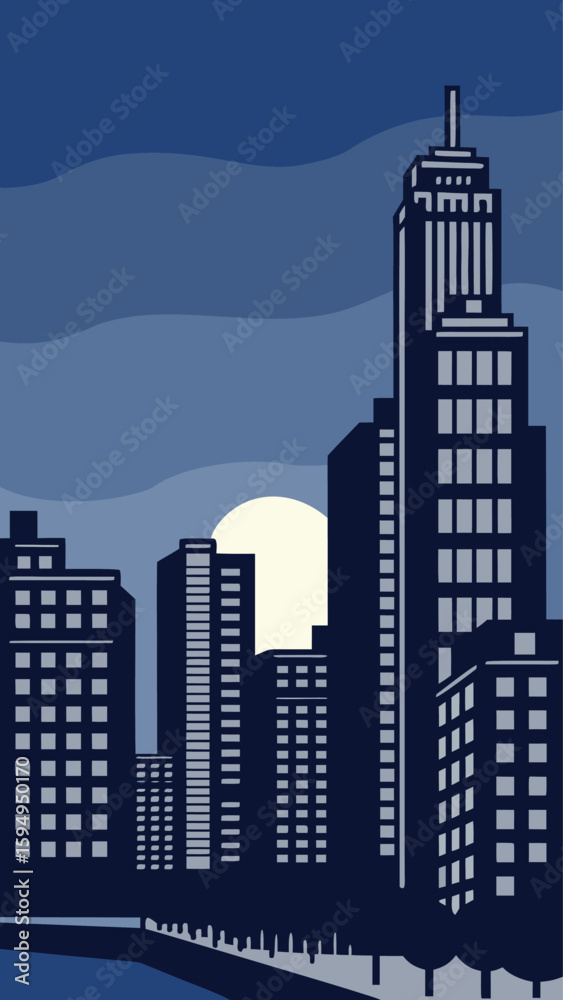 Fototapeta premium Minimal Vector Night Cityscape with Tall Buildings