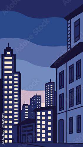 Minimal Vector Night Cityscape with Tall Buildings