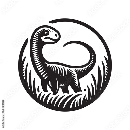 Stylized Brontosaurus Silhouette in Circle with Grass Black and White.