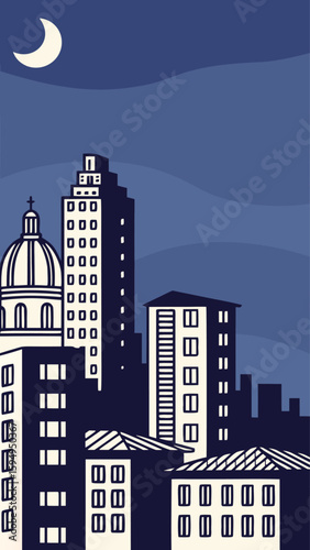 Minimal Vector Night Cityscape with Tall Buildings