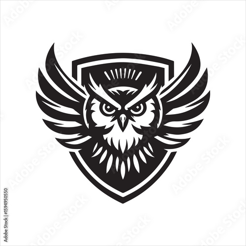Stylized Owl Emblem with Shield Wings and Sharp Gaze in Black Silhouette.