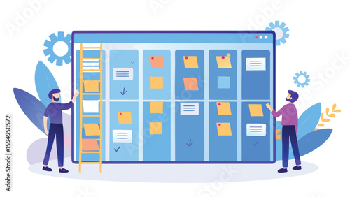 Two people interacting with a large kanban board featuring sticky notes and a ladder on the side