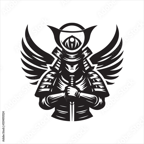 Winged Samurai Warrior Holding Sword Black and White Illustration.