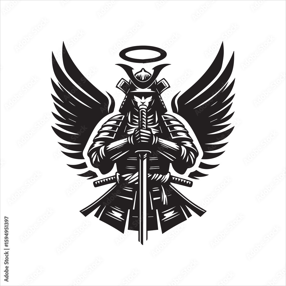 Obraz premium Winged Samurai Warrior with Halo Holding Katana in Black and White Graphic.