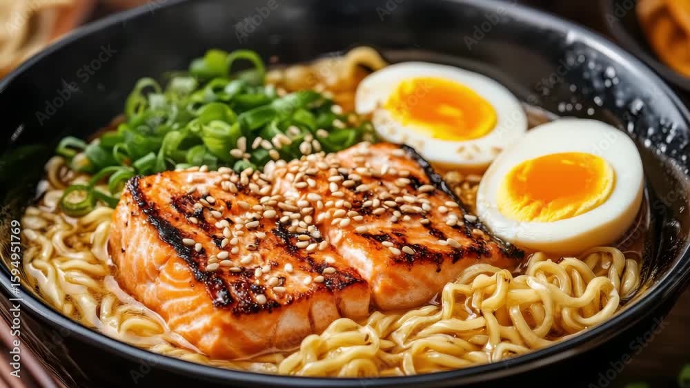 Close up of a black bowl containing ramen noodles topped with grilled salmon sesame seeds boiled egg halves and