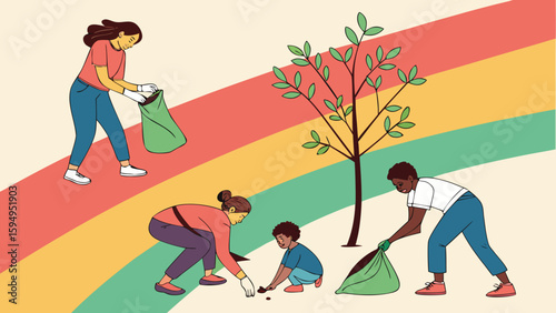 People participating in a community cleanup event with tree and rainbow background and trash bags