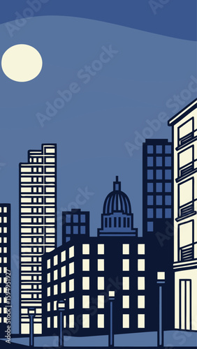 Minimal Vector Night Cityscape with Tall Buildings
