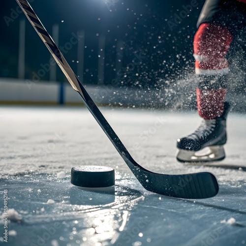 Close-up of a hockey player’s stick striking the puck on ice during a fast-paced game, showcasing precision, athleticism, and intense ice hockey action.