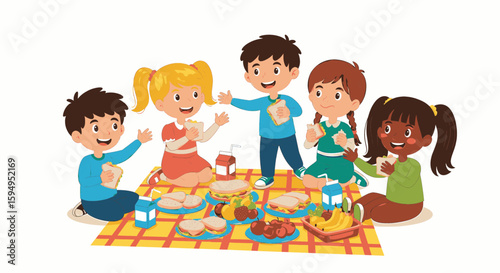 A group of diverse children are enjoying a picnic with sandwiches, fruit, and juice on a checkered blanket.