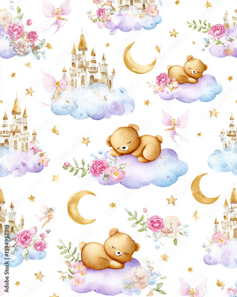 Fototapeta premium Bears castles and moons pattern