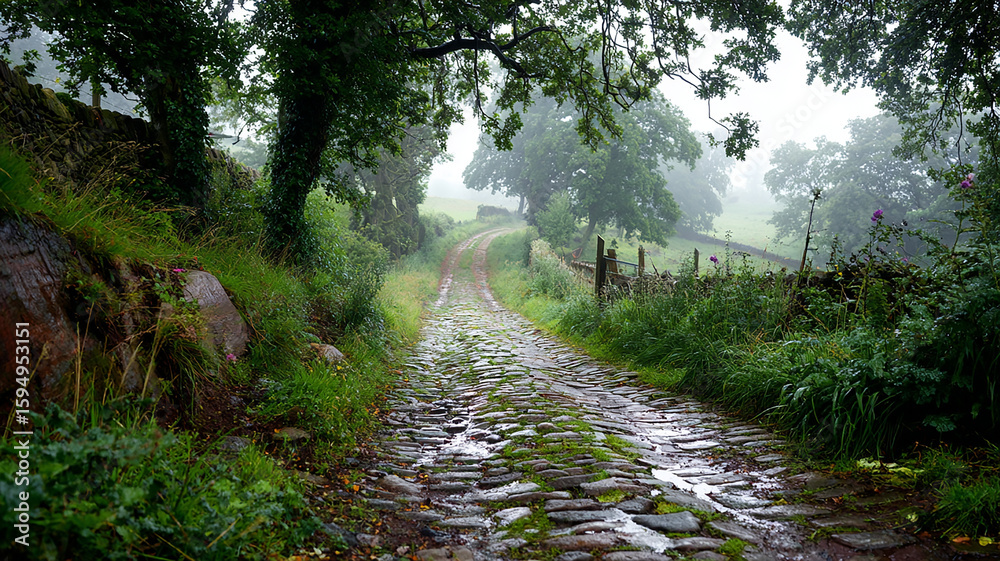 Obraz premium Rain Dappled Cobblestone Trail Leading Into Misty Rural Countryside - beautiful image, nature view, real look