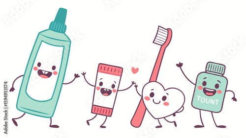 Cute dental hygiene cartoon characters toothpaste toothbrush mouthwash floss for kids oral health care


