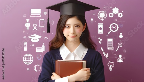 Female student with education icons and graduation cap on purple