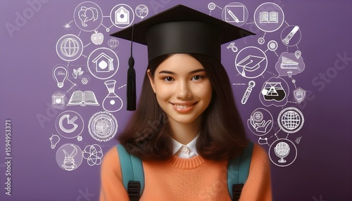 Female student with education icons and graduation cap on purple