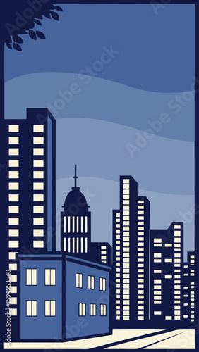 Minimal Vector Night Cityscape with Tall Buildings