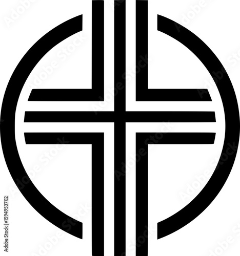 Black and white flat vector of a christian cross icon, minimal detail with clean spiritual outline.