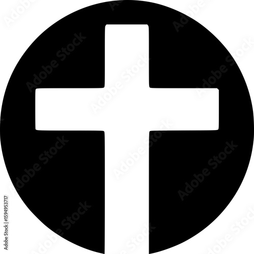 Black and white flat vector of a christian cross icon, minimal detail with clean spiritual outline.