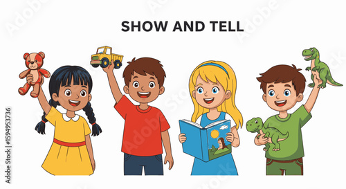 Happy children proudly showcasing their toys and book during a show-and-tell session.