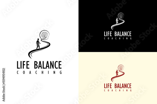 illustration of man walking a spiral path leading to a calm zone, vector logo for life balance coaching, lifestyle, holistic life, work life balance, harmony coaching, and more