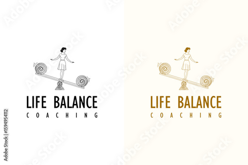 seesaw and a woman stands calmly in center illustration, vector logo for inner peace, stress reduction, life coach, lifestyle, harmony coaching, life balance coaching, and more