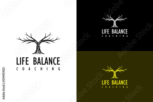 illustration of tree made with trunk that splits into balanced left and right, vector logo for life coach, harmony coaching, holistic, personal balance, life balance coaching, and more