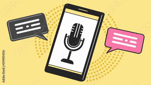 Voice Command and Messaging Concept – Flat Vector Illustration of Smartphone with Microphone Icon, Speech Bubbles, and Yellow Background Representing Mobile Communication Technology

