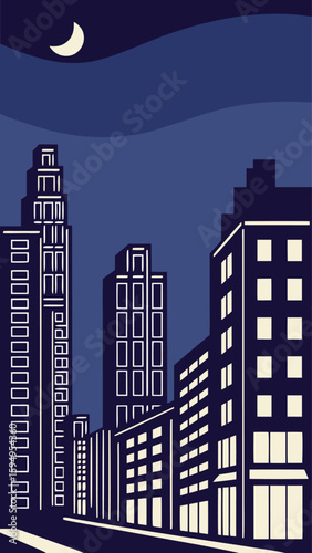 Minimal Vector Night Cityscape with Tall Buildings