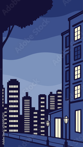 Minimal Vector Night Cityscape with Tall Buildings