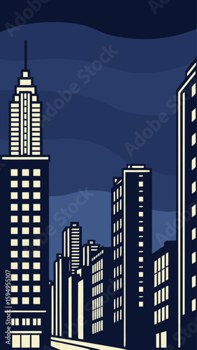 Minimal Vector Night Cityscape with Tall Buildings