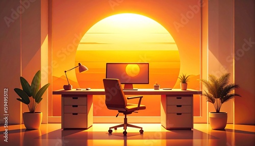 Futuristic minimalist workstation setup with glowing yellow sun backdrop and gradient lighting in modern digital workspace concept scene. 