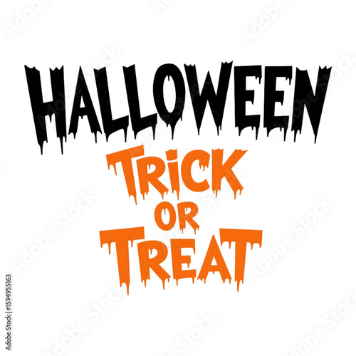 Spooky halloween trick or treat typography banner with dripping black lettering and orange text isolated on a transparent background