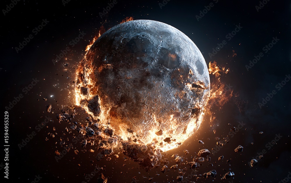 Obraz premium Stock photo of the planet Earth burning in space, broken into pieces and floating around the moon, with some debris flying around it. Black background. 