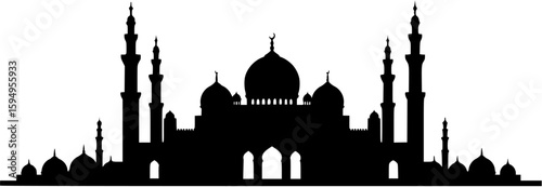 Mosque panoramic silhouette with multiple minarets for islamic