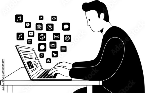 Man Using Laptop with Multiple App Icons
