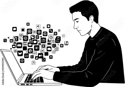 Woman Sitting at Desk with Social Media Icons
