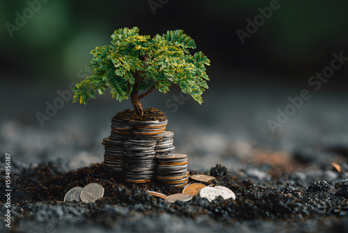 Green Tree Growing from Stacks of Coins on Dark Soil Background