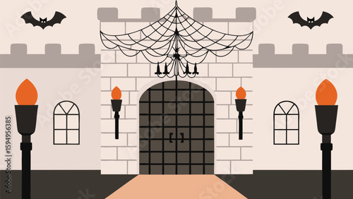 Illustration of a spooky castle entrance with bats, spiderweb and torches in halloween theme