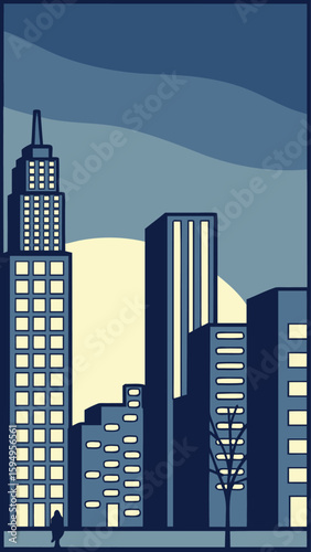 Minimal Vector Night Cityscape with Tall Buildings