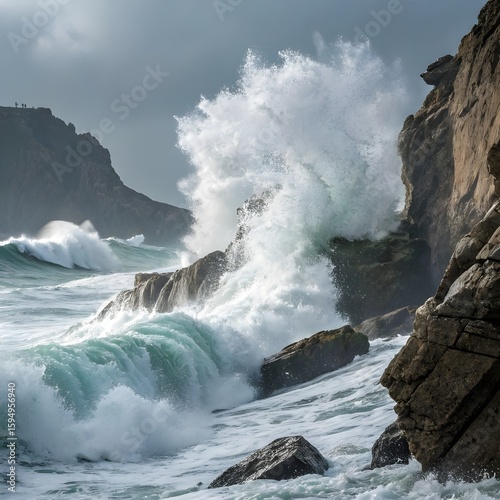 Ocean wave crashing against rocks on the shore at sunset, capturing the power and beauty of nature in a scenic coastal landscape.