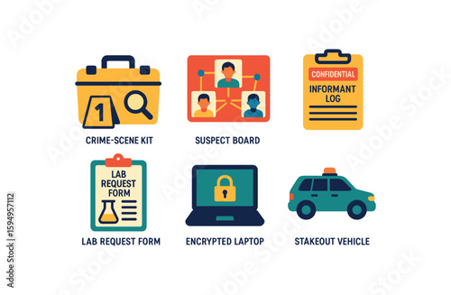 Crime investigation tools set with kit, suspect board, and stakeout vehicle