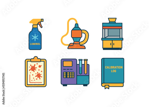 Forensic investigation equipment icons: luminol, vacuum, fume hood, clipboard, analyzer, calibration log