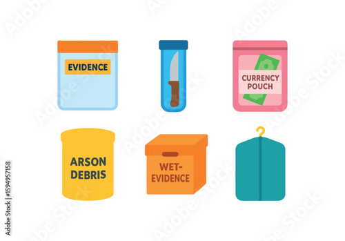 Evidence containers: knife, currency, arson debris, wet evidence, storage bags