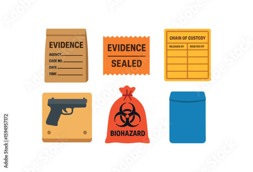 Evidence collection tools set including sealed bags, chain of custody form, gun illustration
