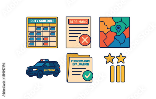 Employee management icons: duty schedule, reprimand, evaluation, map, supervisor, ratings