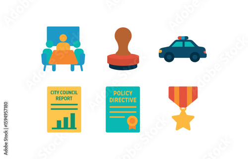 Government symbols and icons including meeting, stamp, police car, report, policy, medal