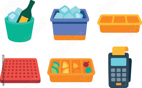 Ice buckets, tray, and pos terminal illustrations